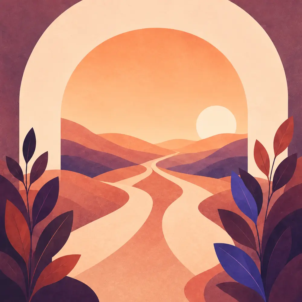 Two paths converging beneath a protective arch toward sunrise