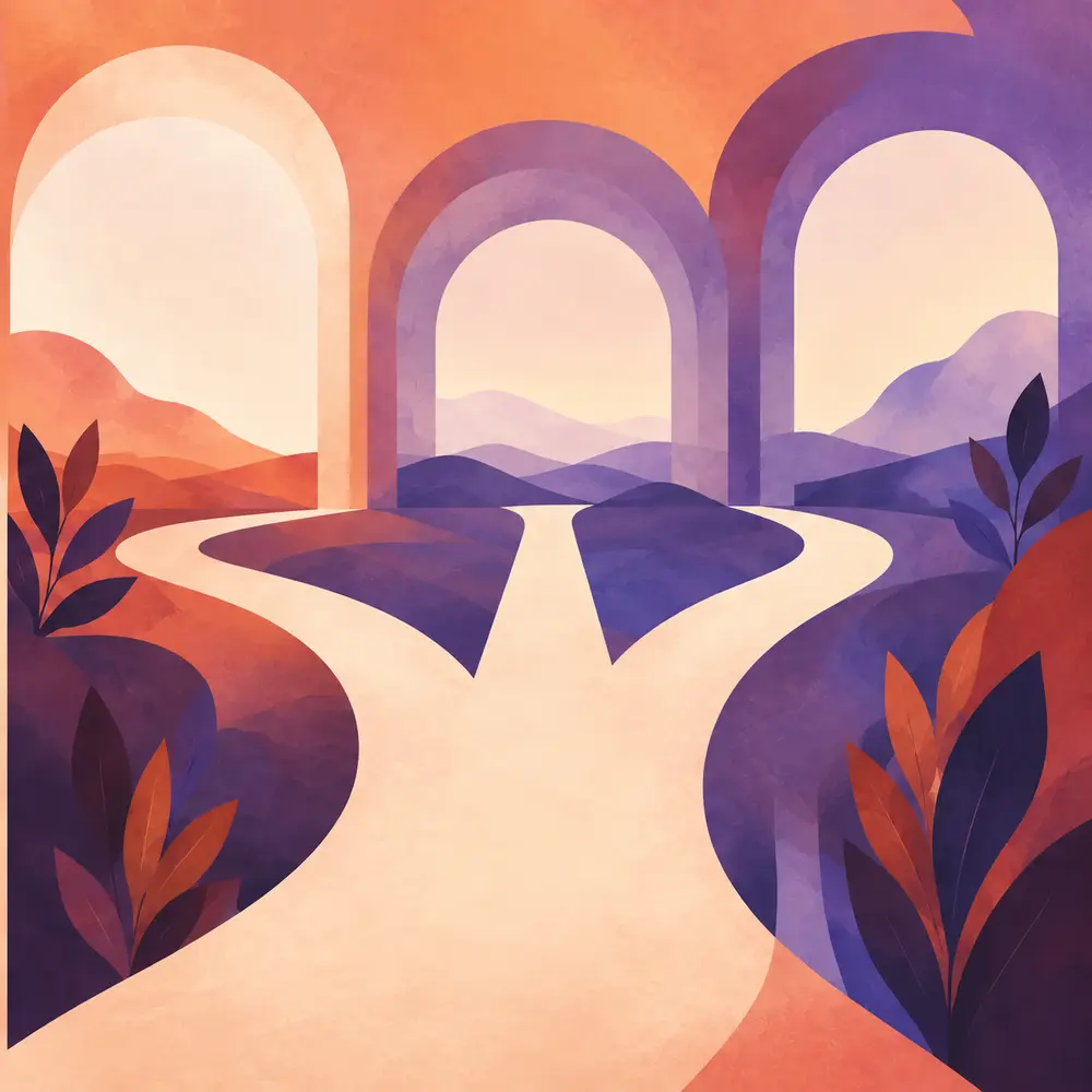 Three illuminated paths branching through protective arches